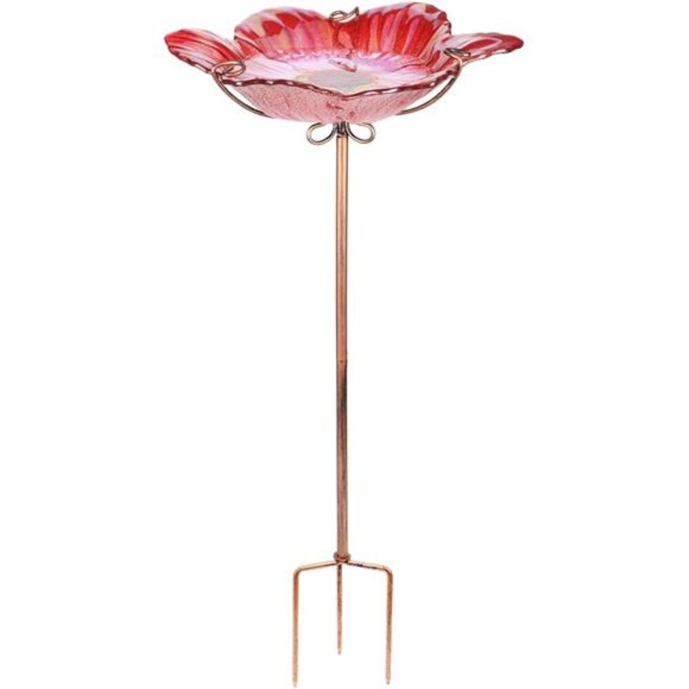 Outdoor Bird Bath Glass Birdbath Garden Birdfeeder with Metal Stake Red
